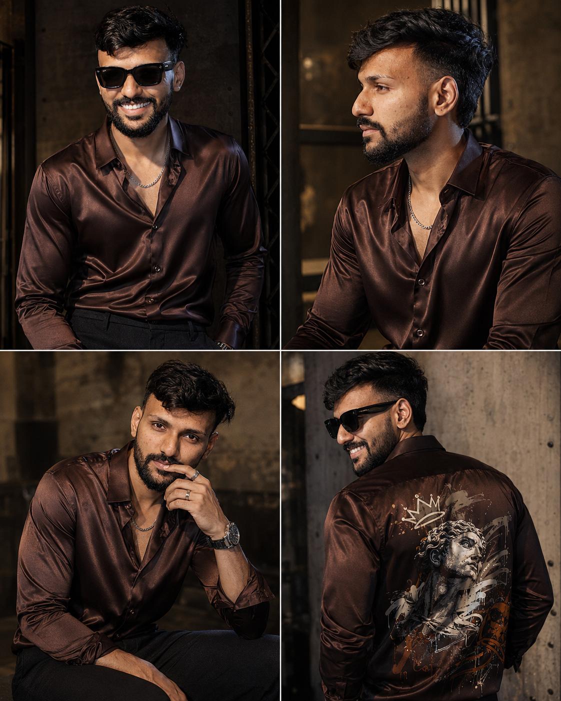 Four-panel men collage prompt result: same man in a chocolate-brown satin shirt in an urban studio setting