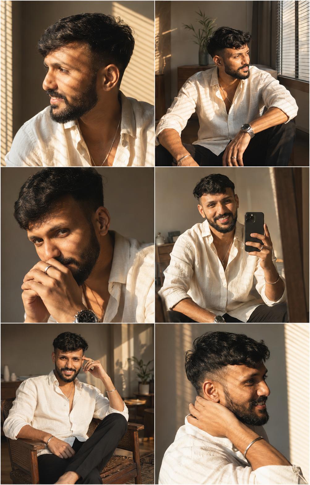 Six-panel men collage prompt result: bearded man in ivory linen shirt lit by golden-hour Venetian blind shadows