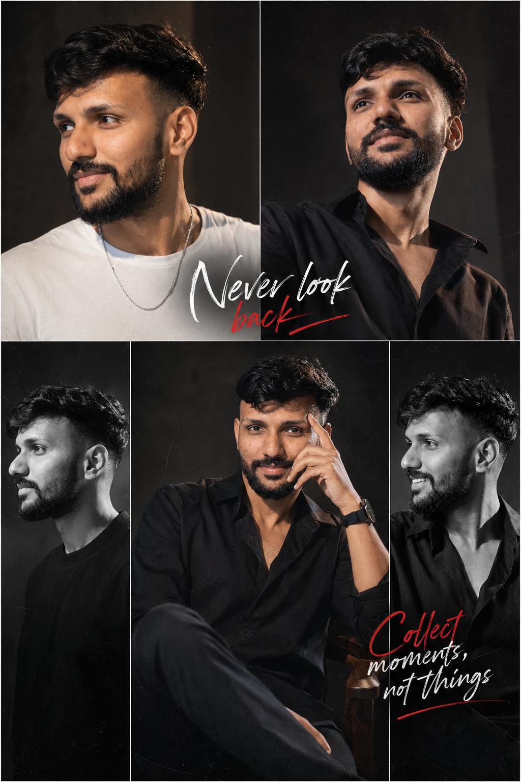 Five-panel cinematic men collage prompt result with handwritten quotes 'Never look back' and 'Collect moments, not things'