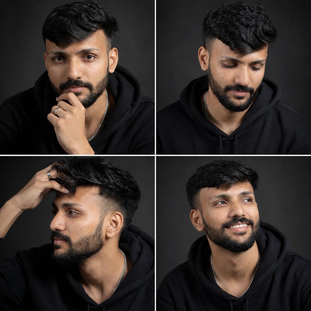 Two-by-two men collage prompt result: same man in a black hoodie on a dark gray studio backdrop in four poses