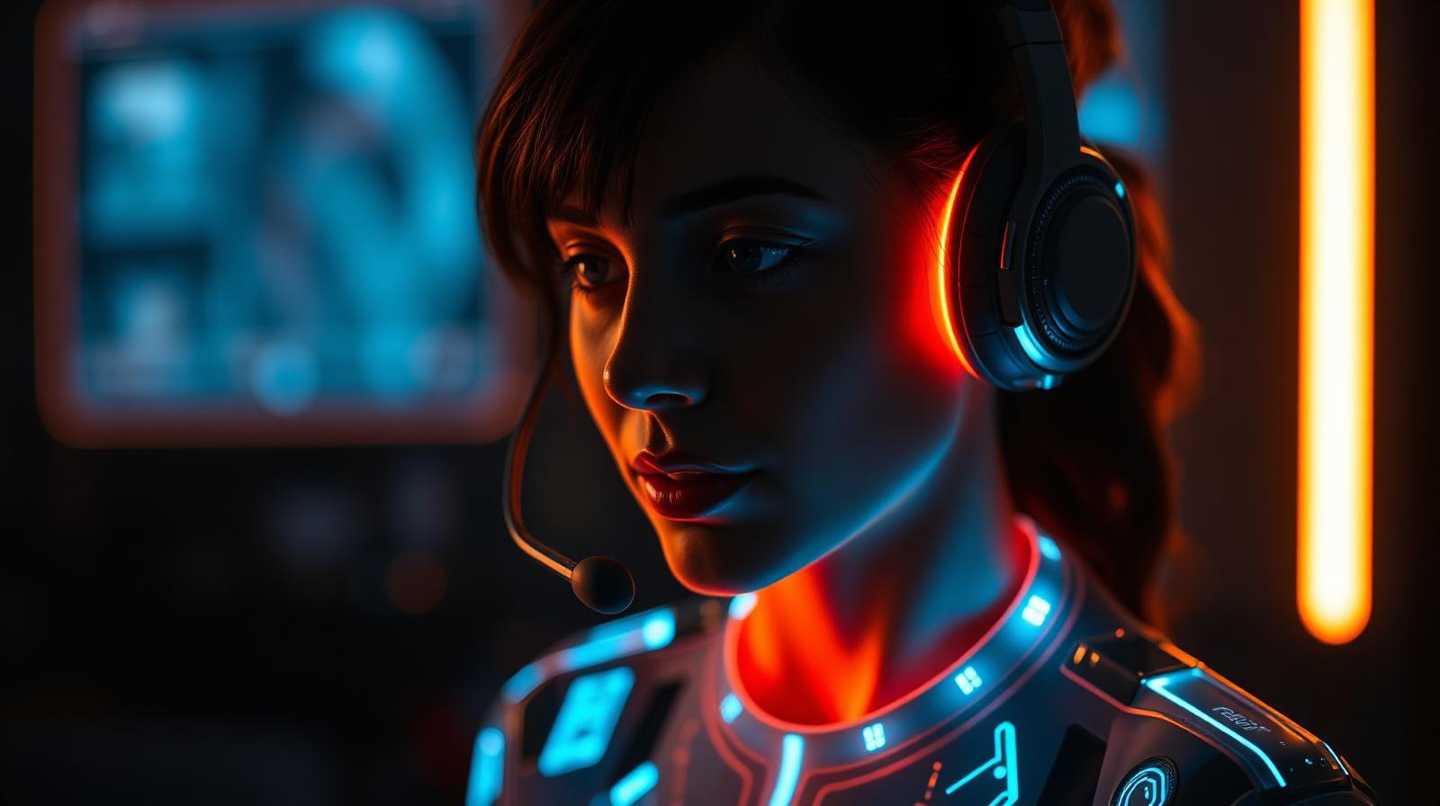 Emotional cinematic portrait of a futuristic AI calling agent wearing a glowing headset