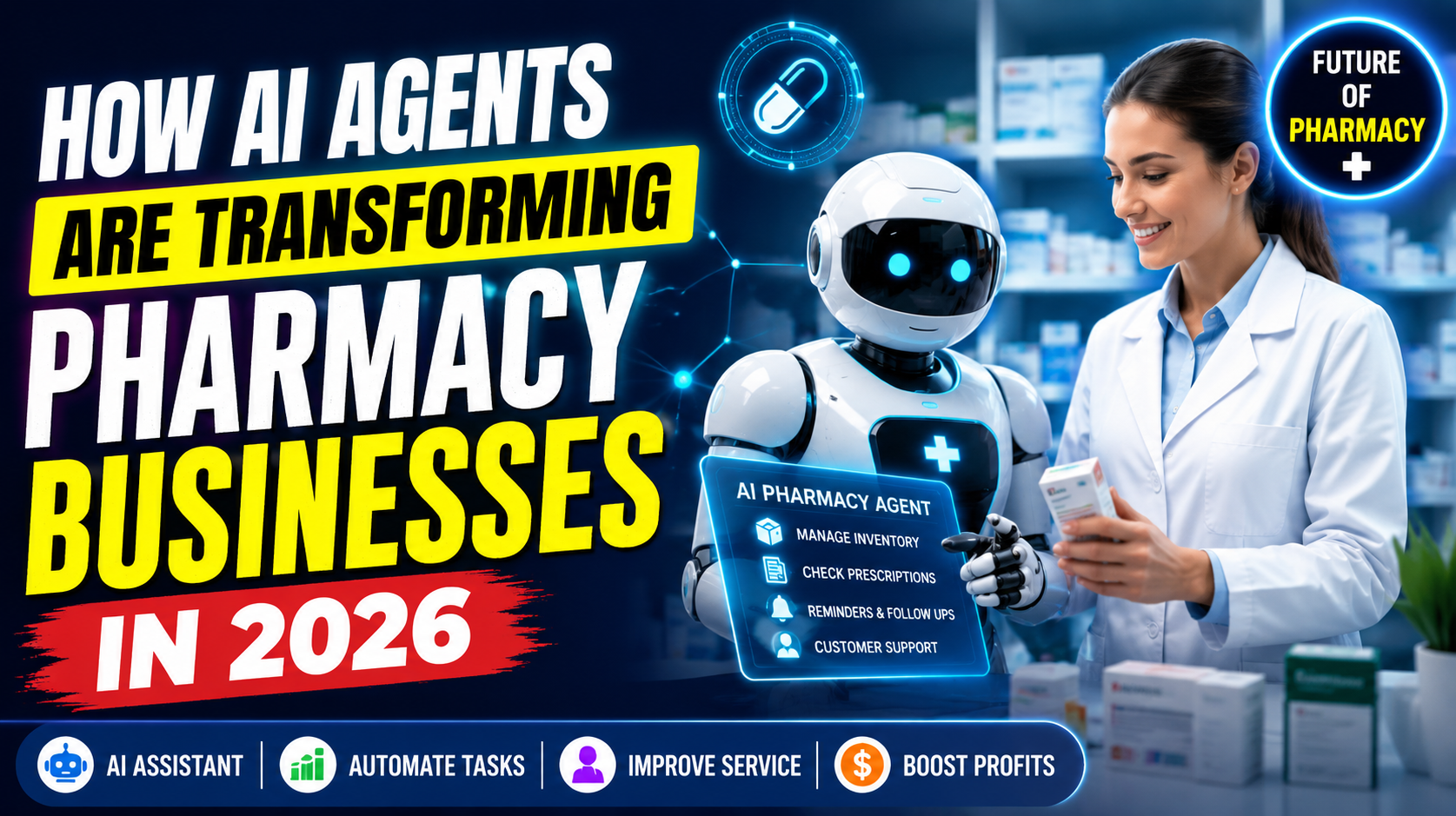 How AI Agents Are Transforming Pharmacy Businesses in 2026 — futuristic pharmacy AI assistant managing prescriptions and inventory