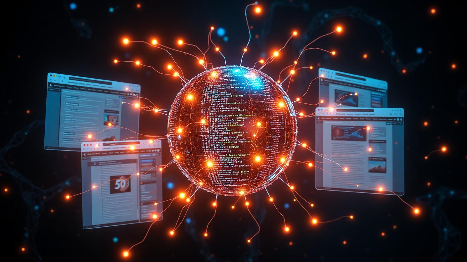 Autonomous AI web scraping agent 2026 — glowing neural orb extracting structured data and JSON streams from multiple browser windows in dark cyberpunk lighting