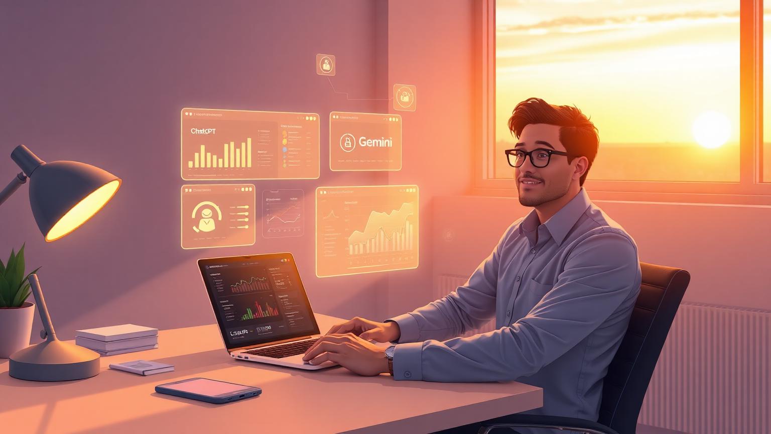 AI side hustles 2026 — solo founder at a minimalist desk with holographic ChatGPT Claude and Gemini dashboards above a laptop, dollar streams in warm sunset light