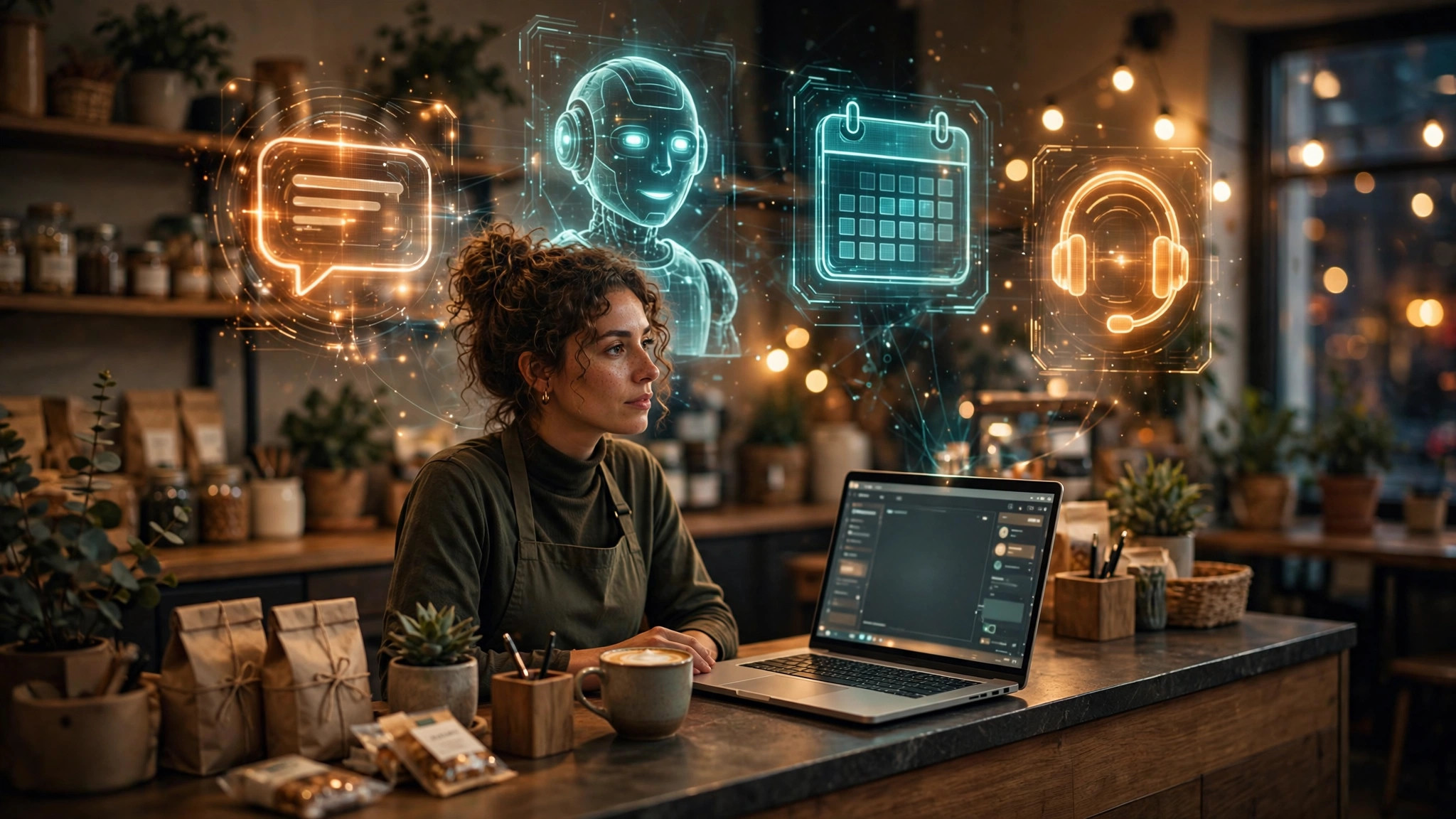 Small business owner at a shop counter with holographic AI assistant icons floating above a laptop