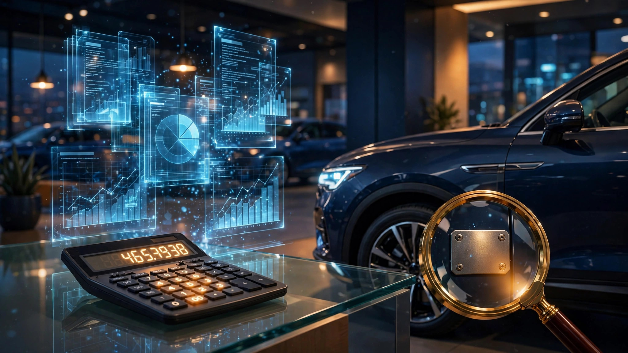 New car in a showroom with holographic tax documents, calculator, and magnifying glass over a VIN plate