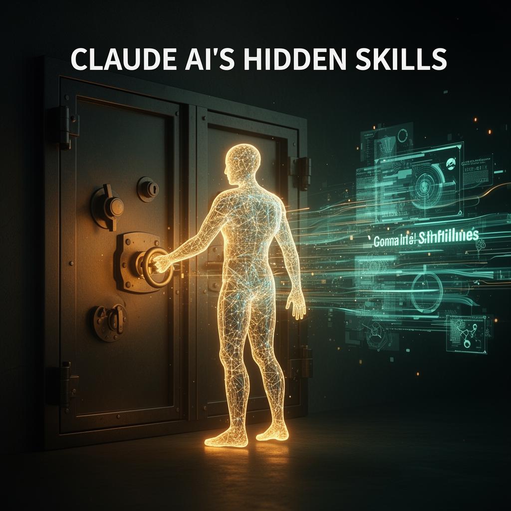 Claude AI hidden skills 2026 — glowing wireframe figure unlocking a vault of secret Anthropic capabilities with data streams in warm cinematic lighting