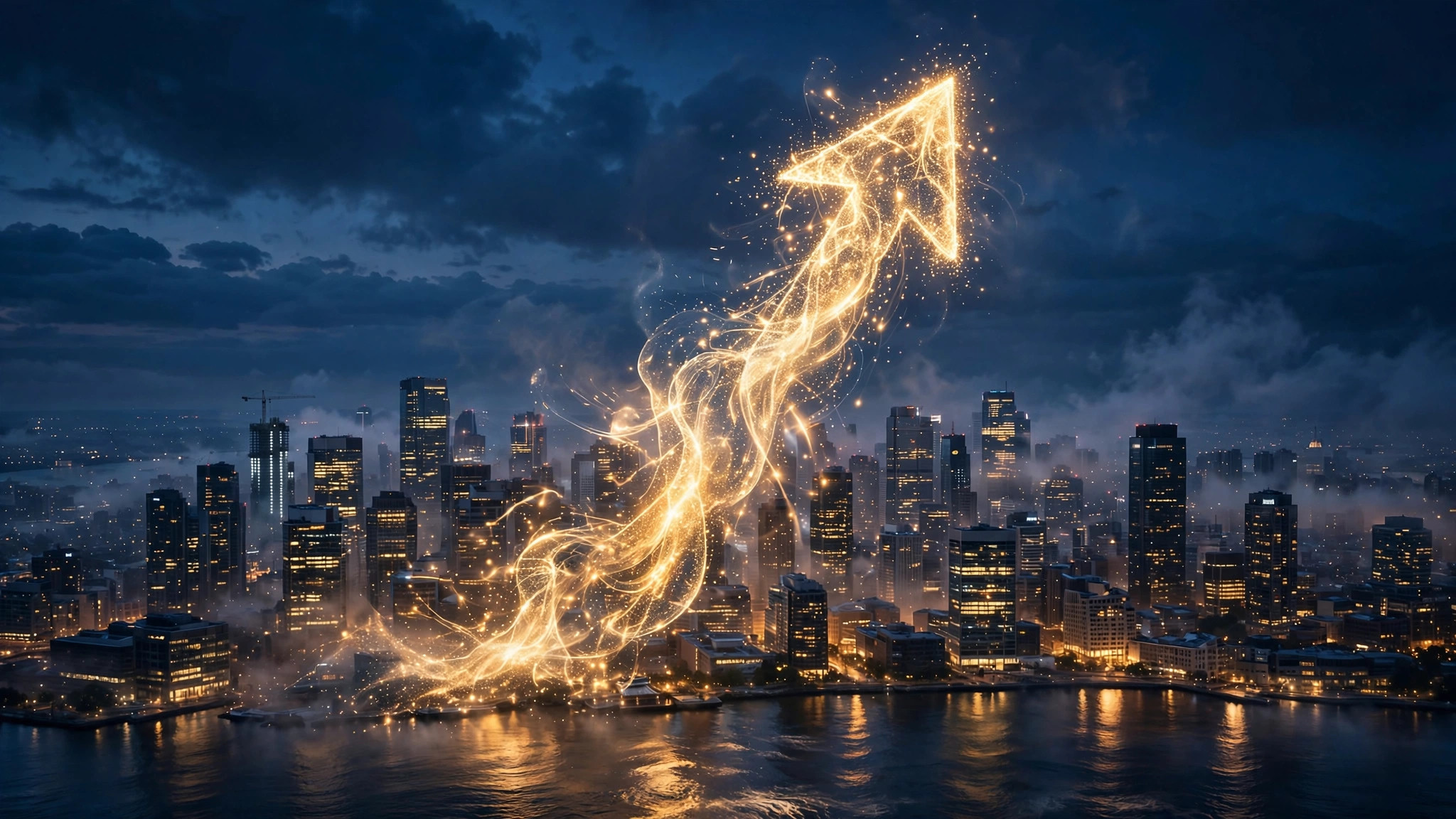 Glowing arrow rising over a city skyline, illustrating Instinct's $1B personal AI agent funding round