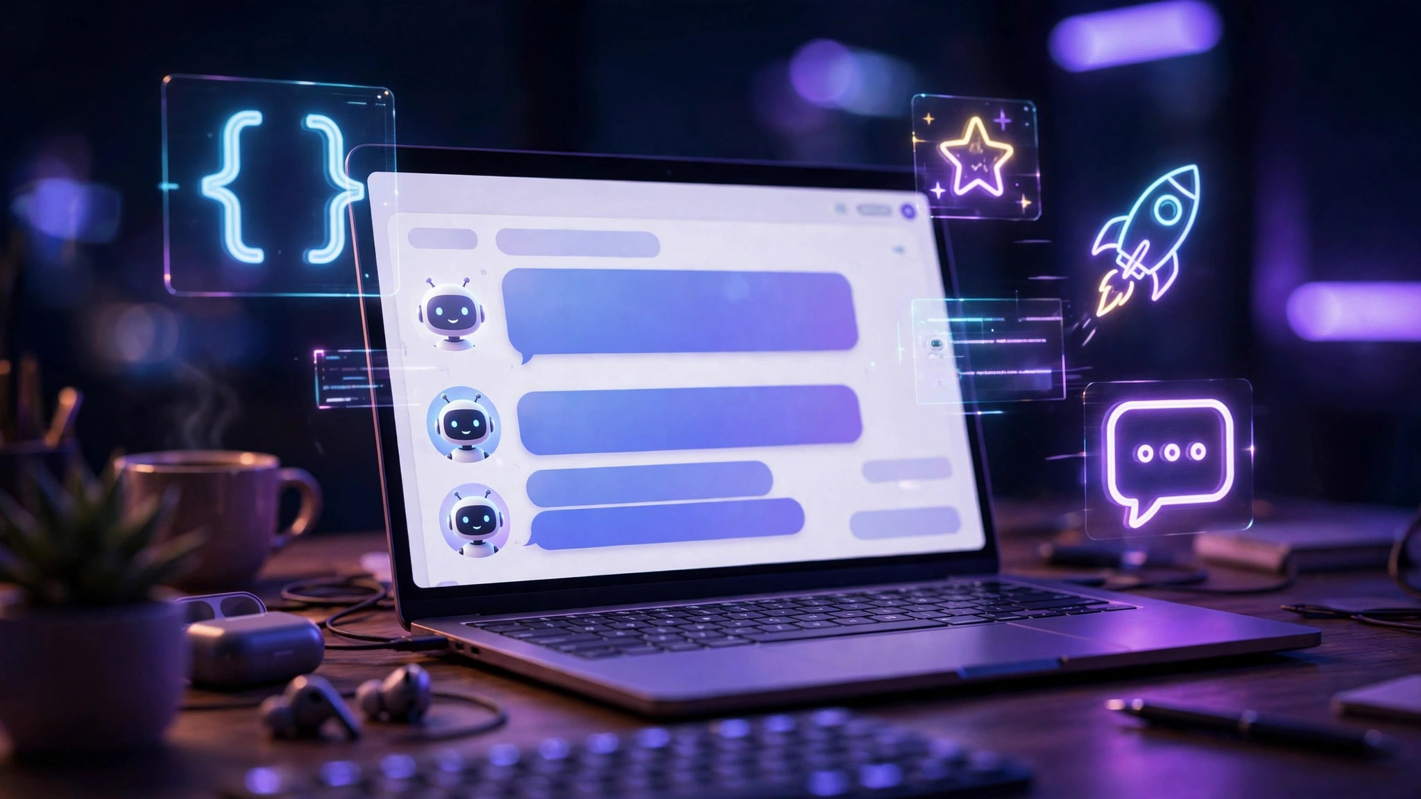 Laptop glowing with an AI assistant chat interface surrounded by holographic icons at a freelancer's desk