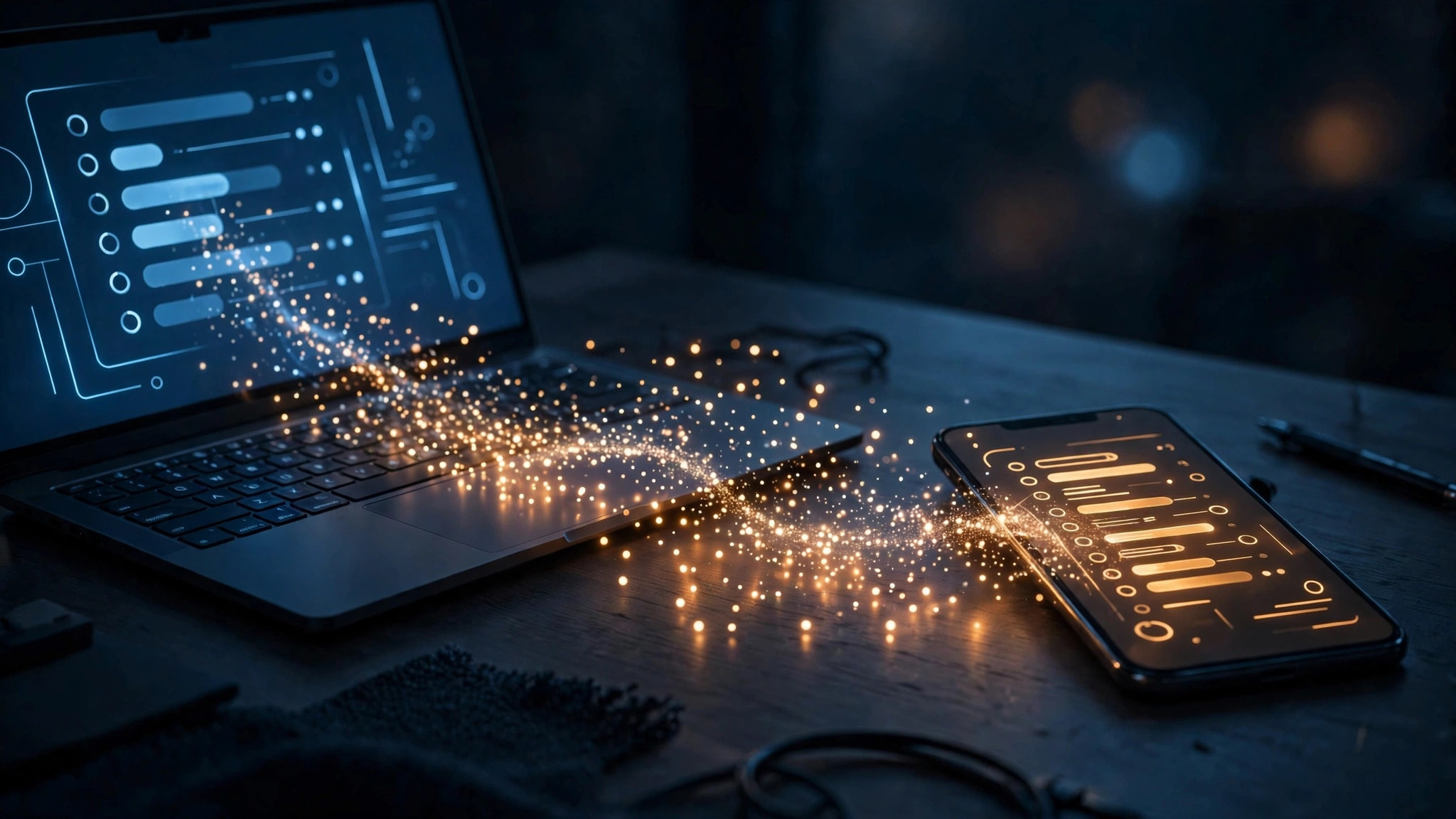 Glowing dots of light flowing between devices, illustrating OpenAI dots always-on AI agents