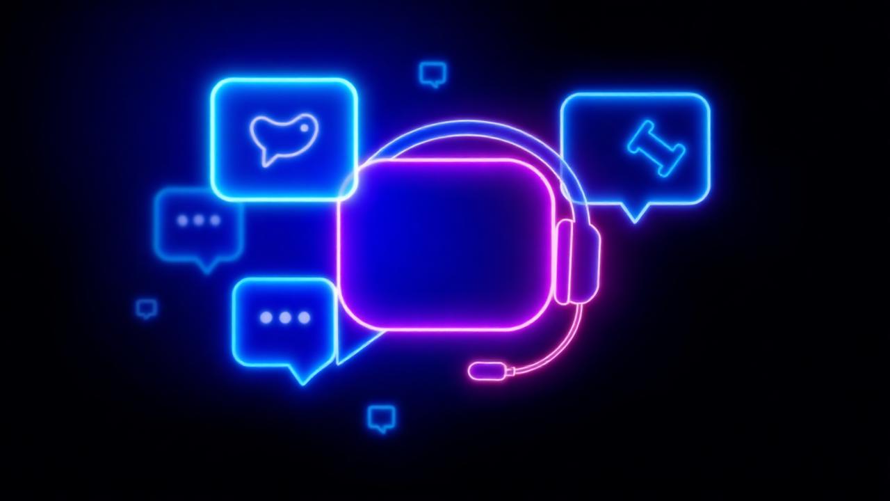 Glowing neon chat bubbles and headset symbolizing AI customer support